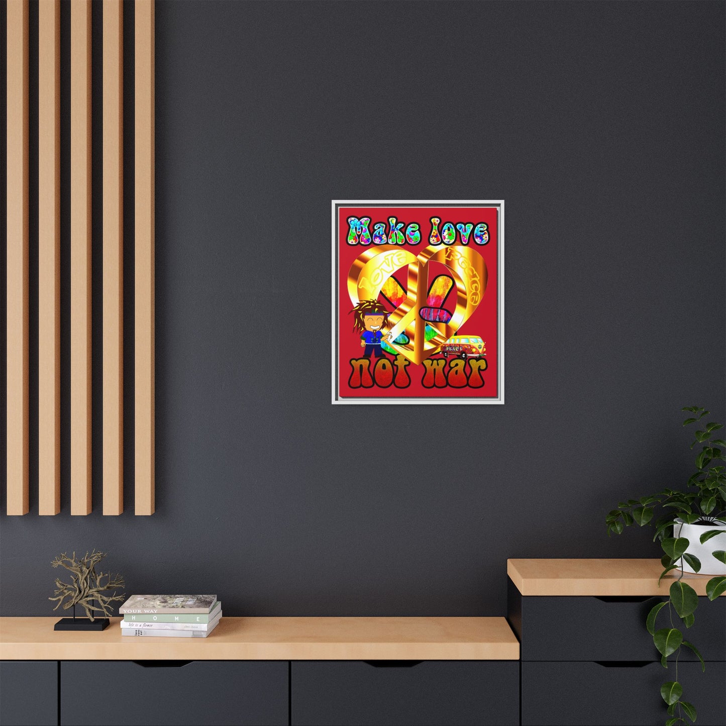 love peace - framed canvas art (dark red)