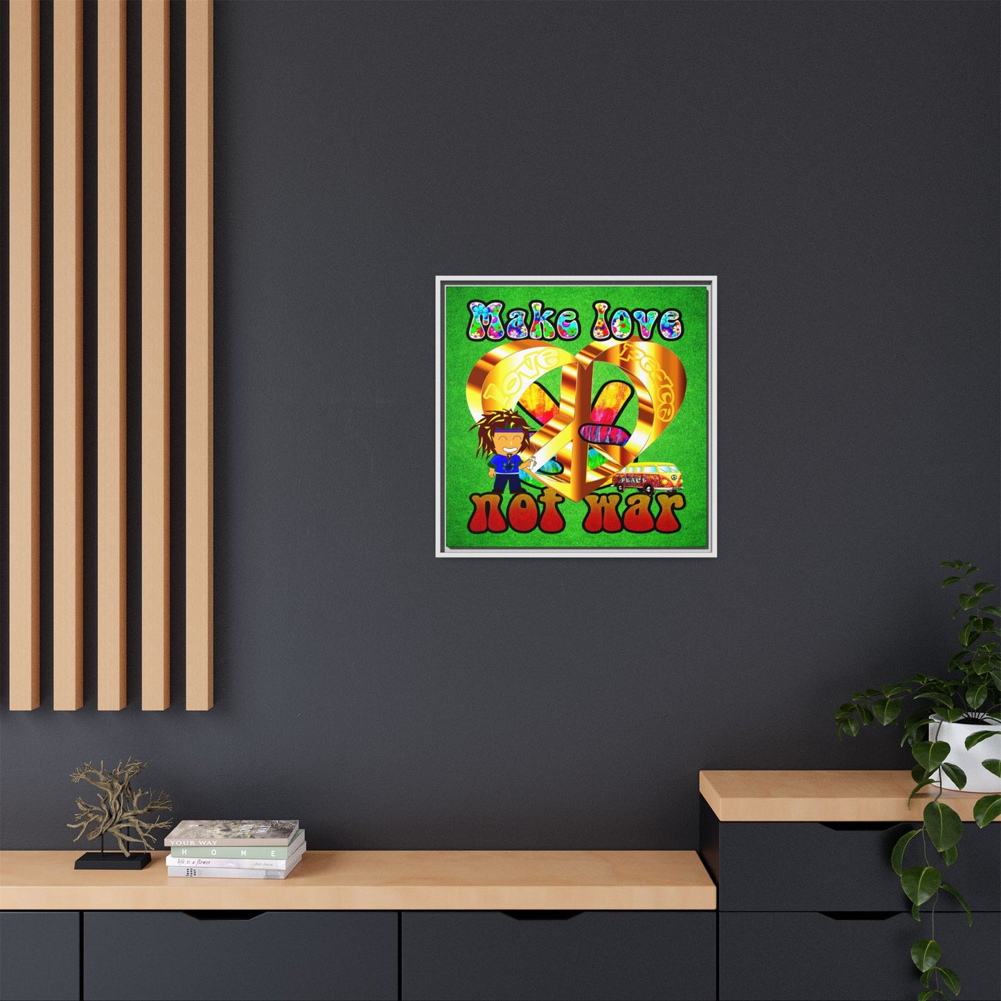 love peace - framed canvas art (green turf)
