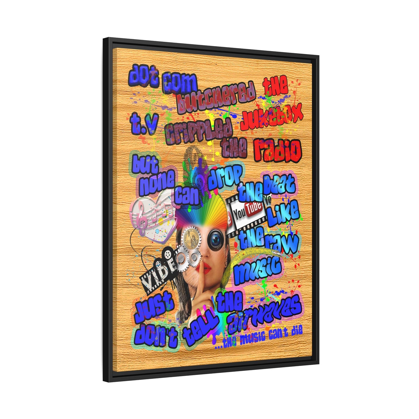 drop the beat - framed canvas art (butterscotch wood finish)