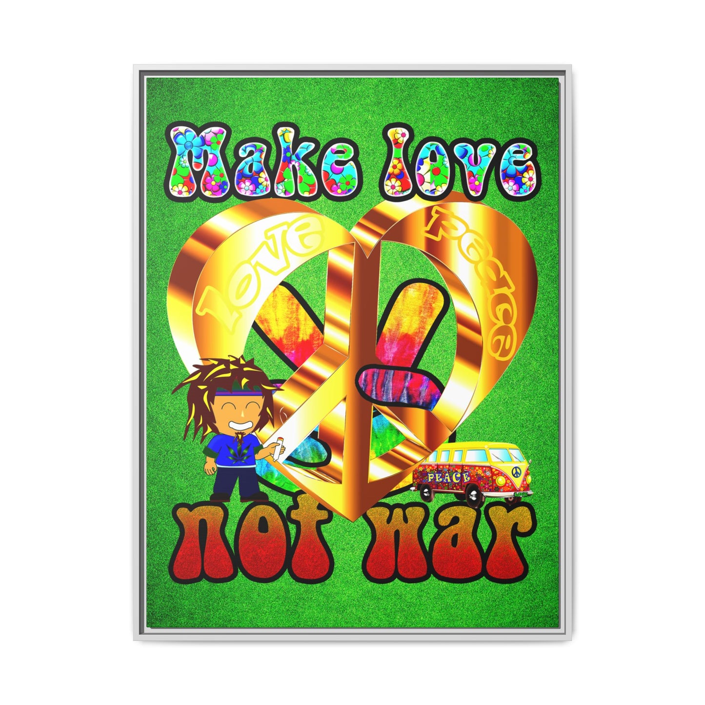 love peace - framed canvas art (green turf)