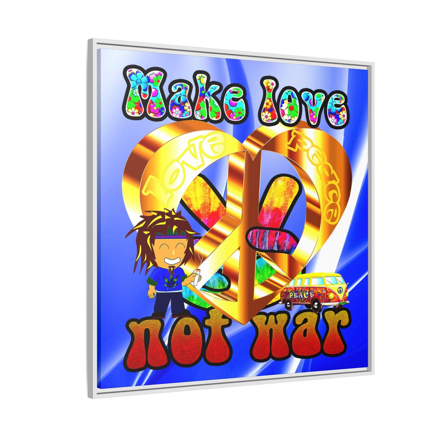 love peace - framed canvas art (blue-white wave)
