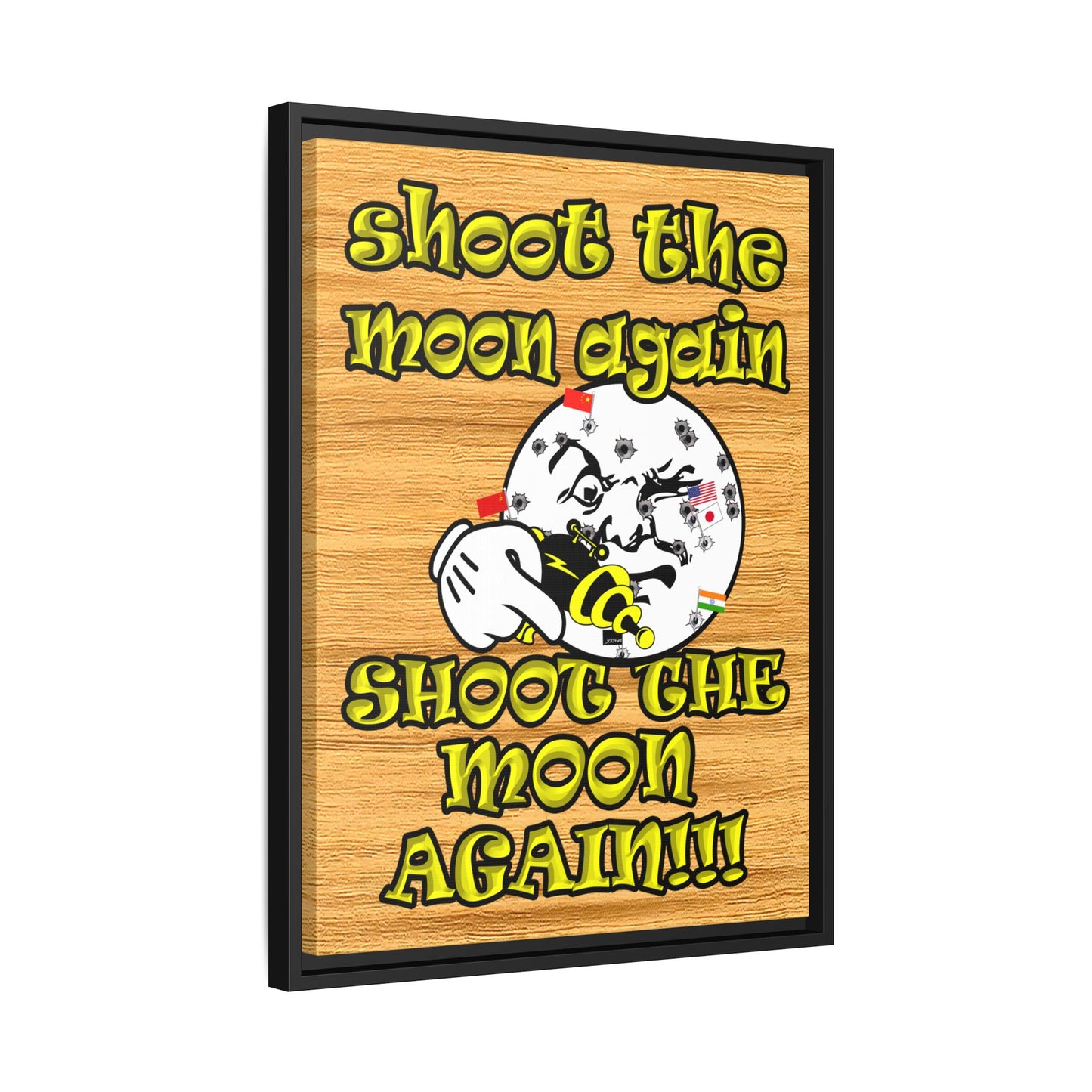 shoot the moon again - framed canvas art (butterscotch wood finish)