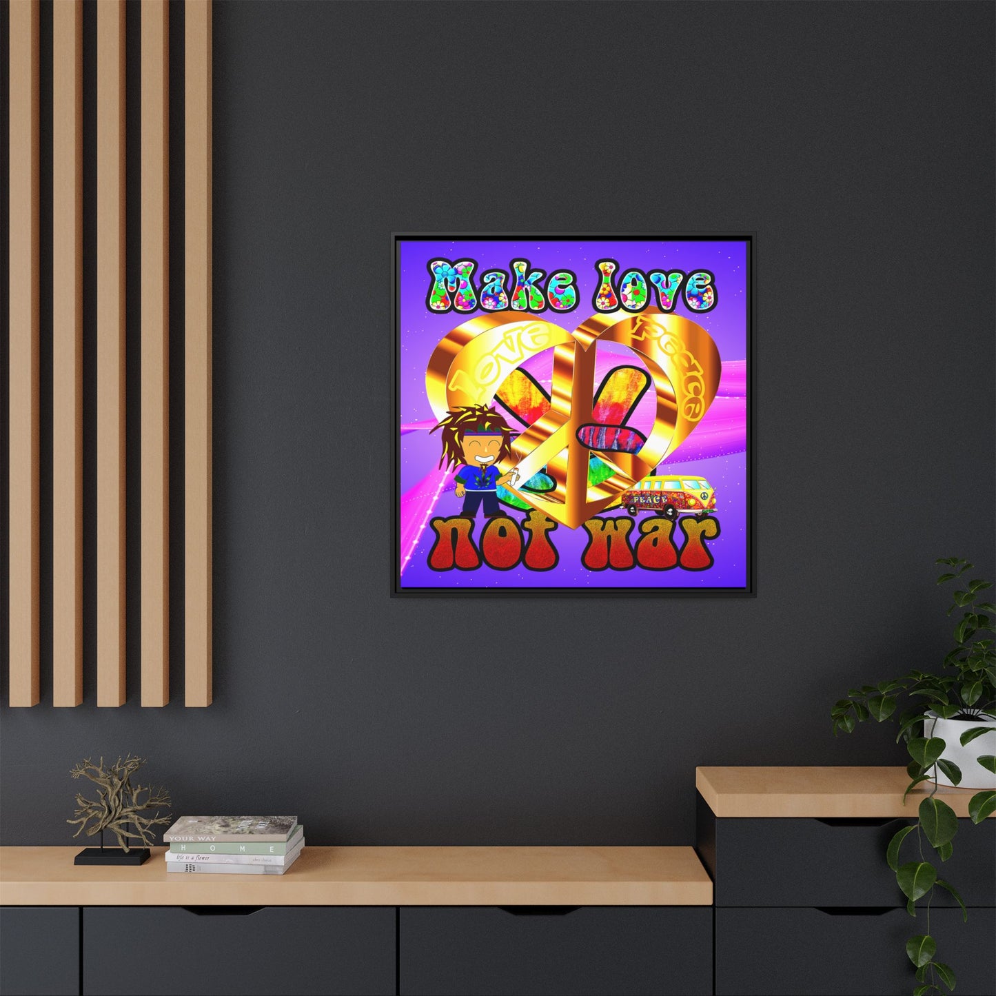 love peace - framed canvas art (purple-pink wave)