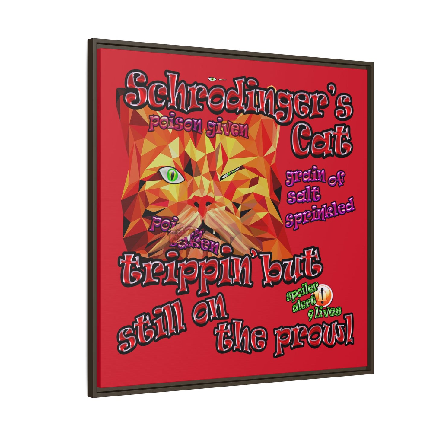 schrodinger's cat - framed canvas art (dark red)