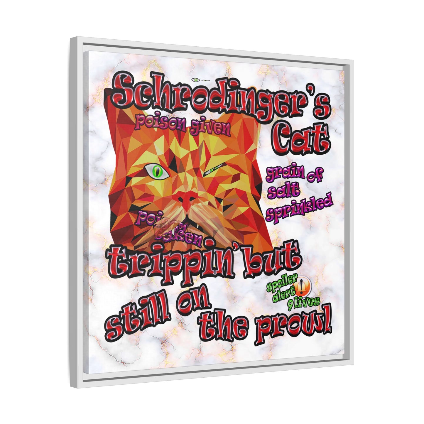 schrodinger's cat - framed canvas art (white marble)