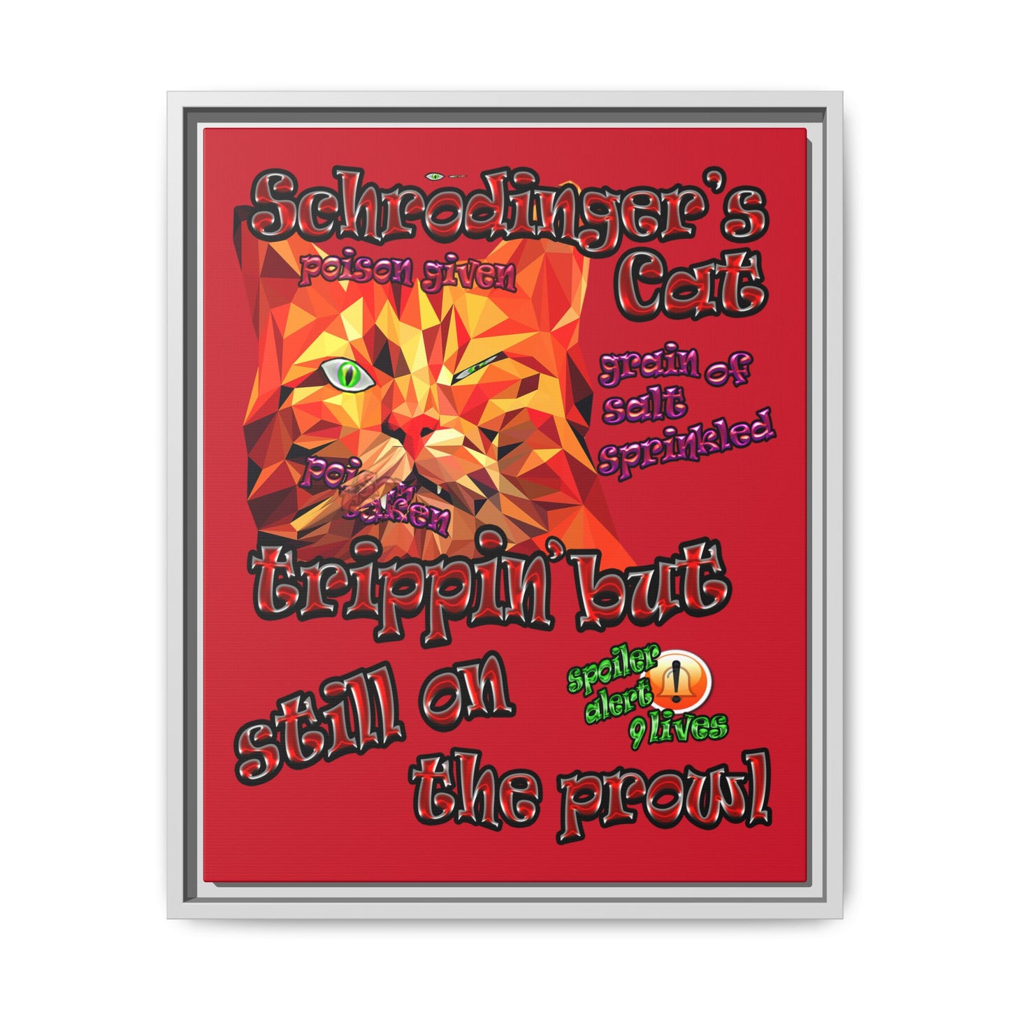 schrodinger's cat - framed canvas art (dark red)