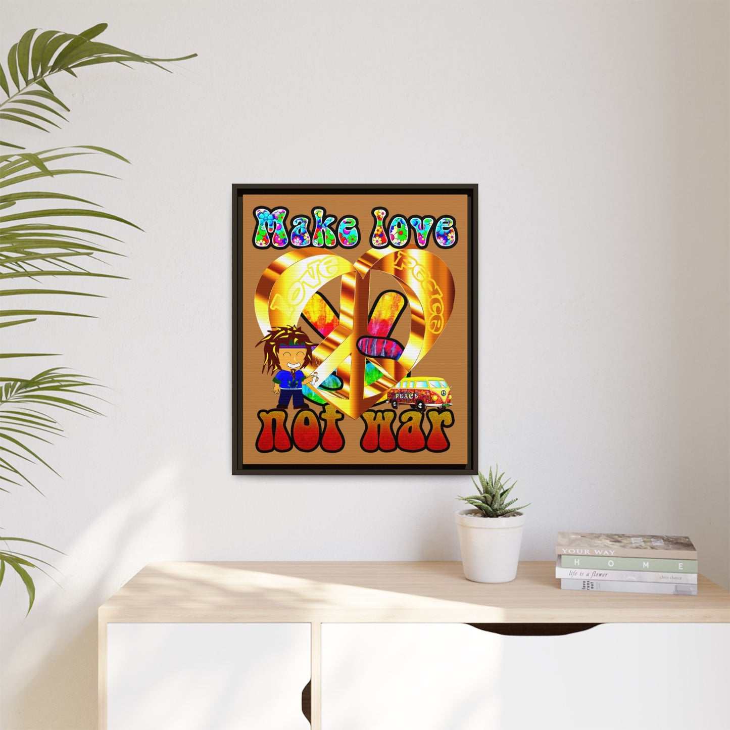 love peace - framed canvas art (light brown)