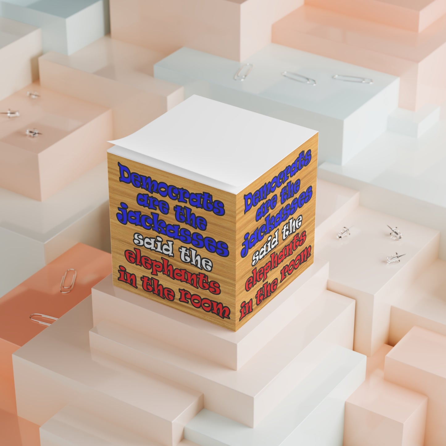donkeys and elephants - note cube (butterscotch wood finish)
