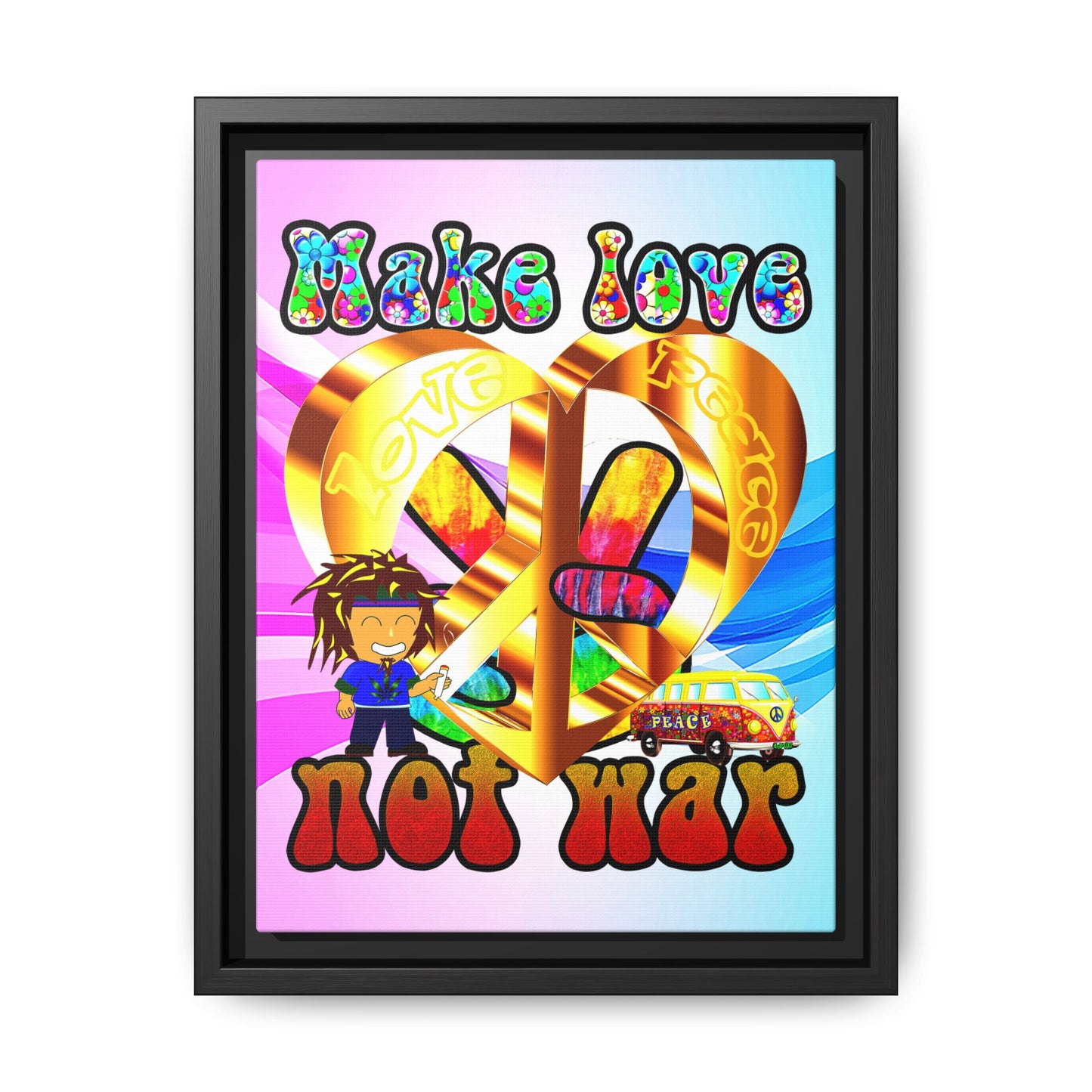 love peace - framed canvas art (light blue-pink wave)