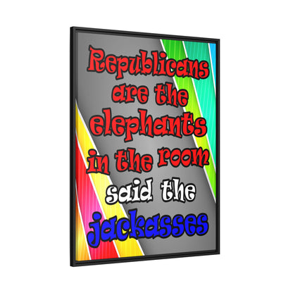donkeys and elephants - framed canvas art (rainbow split)