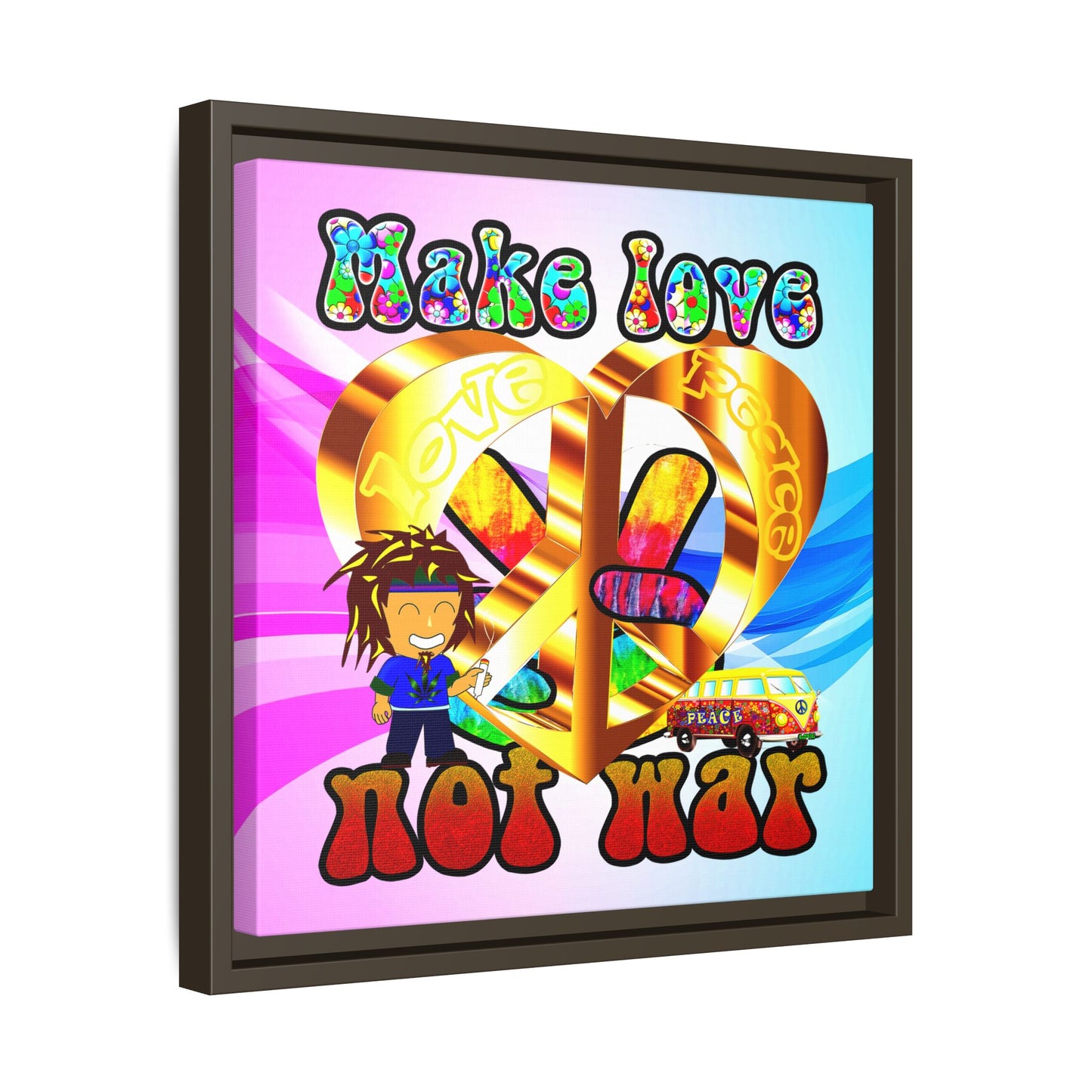 love peace - framed canvas art (light blue-pink wave)