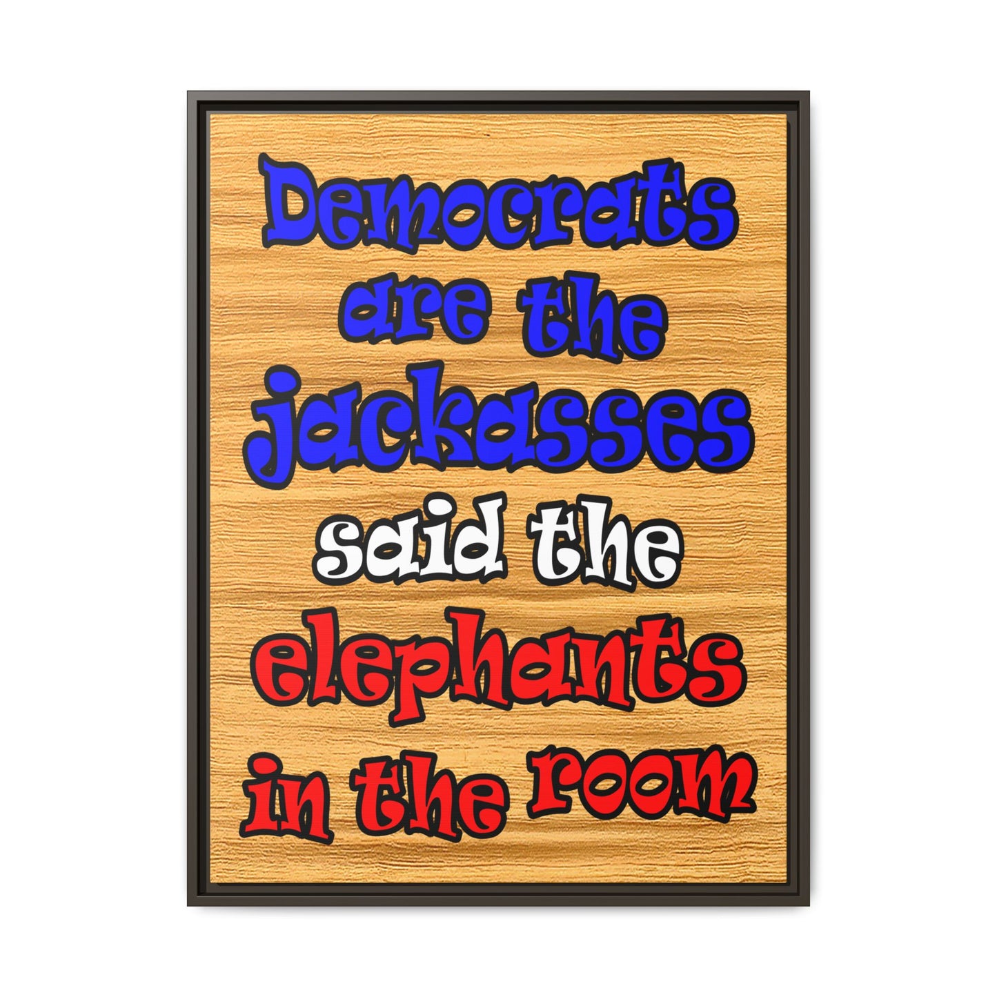 donkeys and elephants - framed canvas art (butterscotch wood finish)