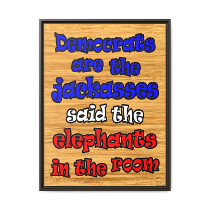 donkeys and elephants - framed canvas art (butterscotch wood finish)