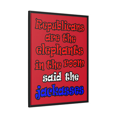 donkeys and elephants - framed canvas art (dark red)
