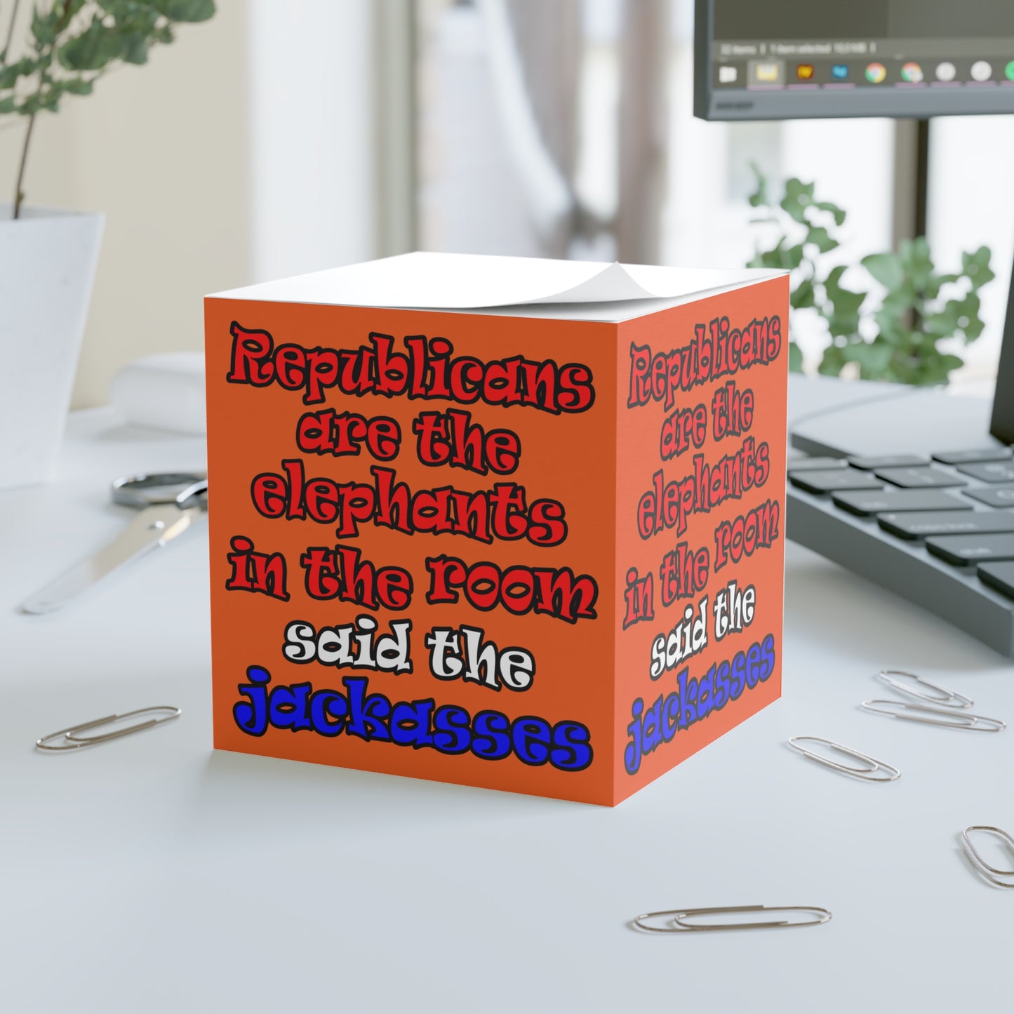 donkeys and elephants - note cube (orange)