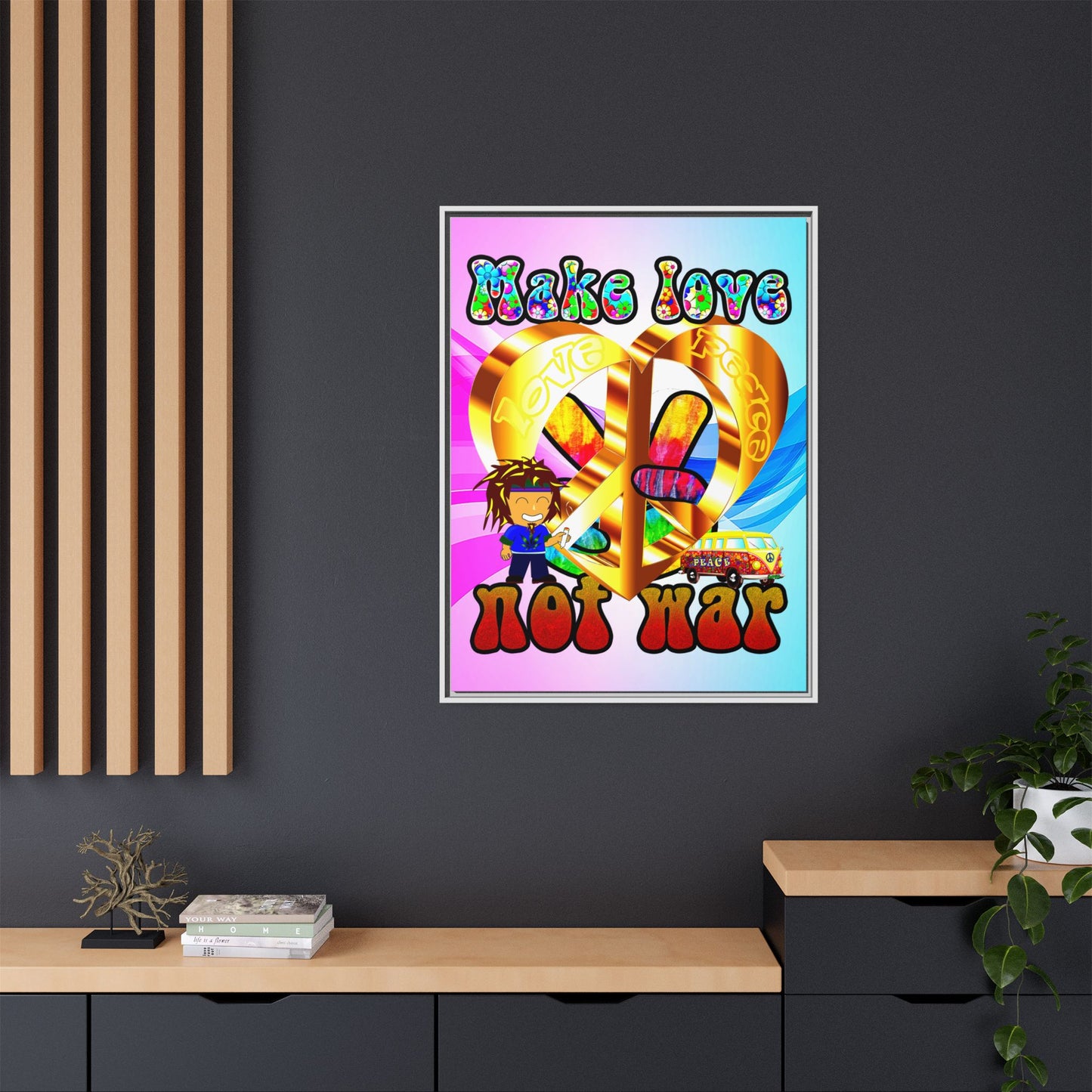 love peace - framed canvas art (light blue-pink wave)