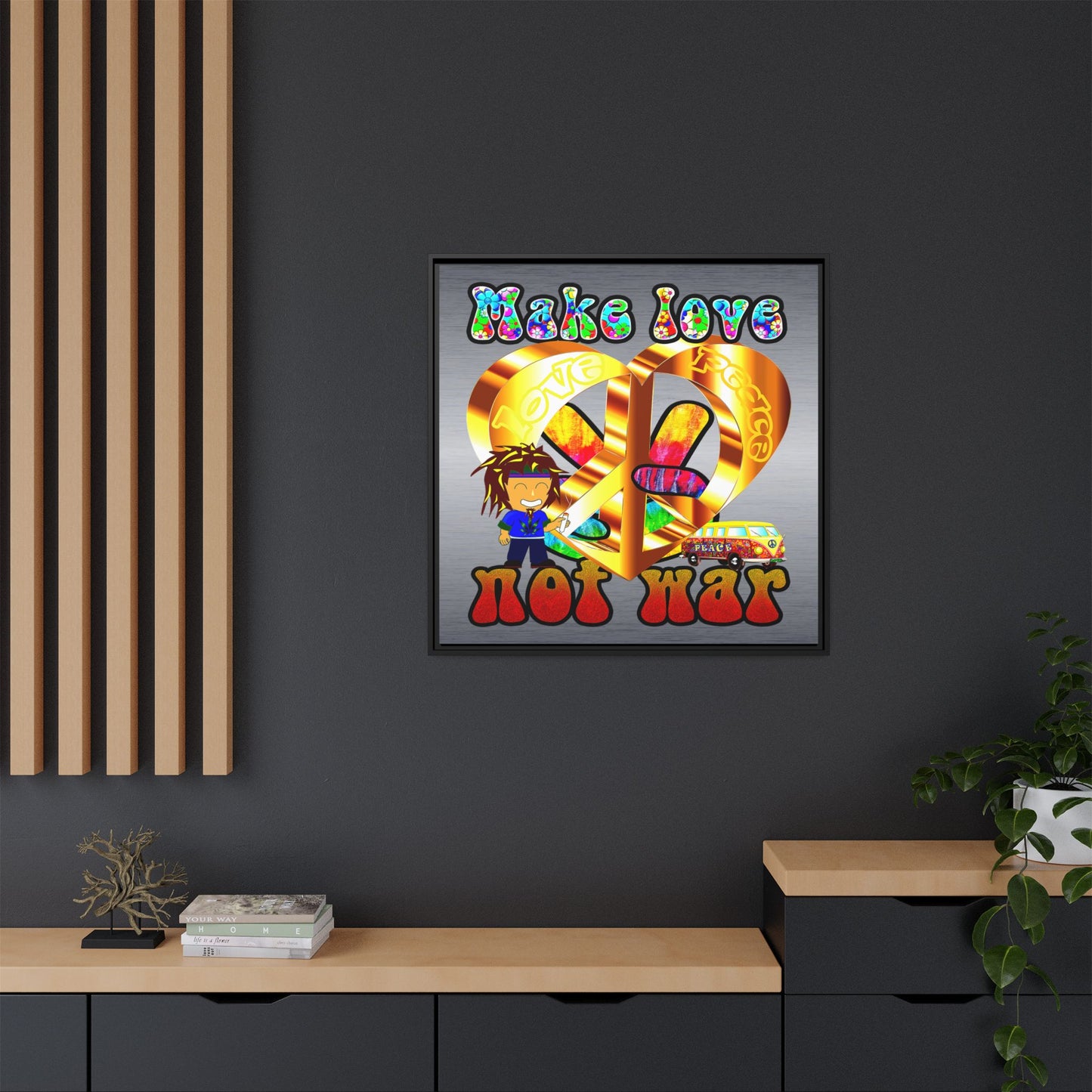 love peace - framed canvas art (brushed nickel)