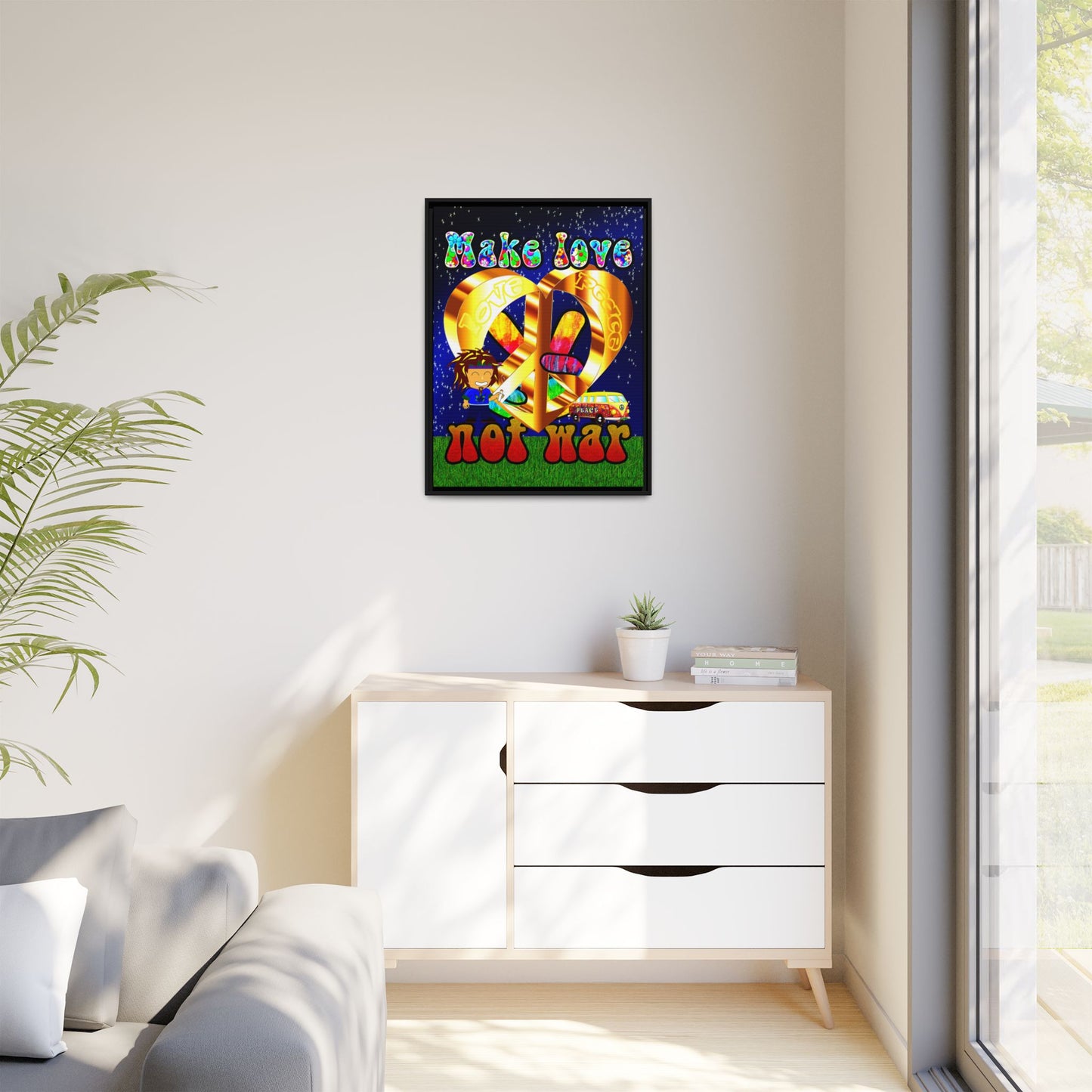 love peace - framed canvas art ('snoops' background)