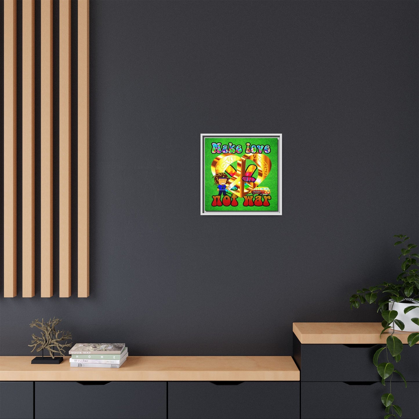 love peace - framed canvas art (green turf)