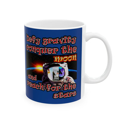 defy conquer reach - White Mug (dark blue)