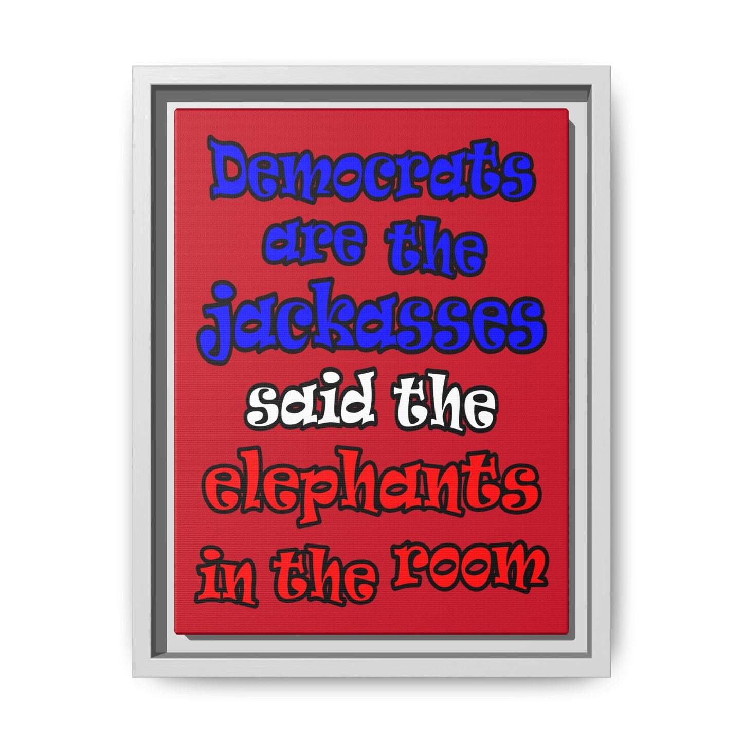 donkeys and elephants - framed canvas art (dark red)