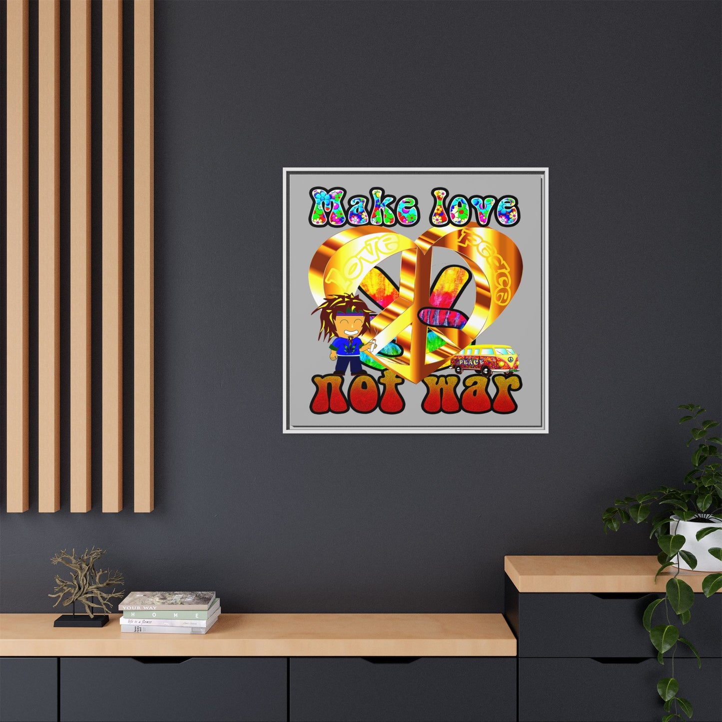 love peace - framed canvas art (light grey)
