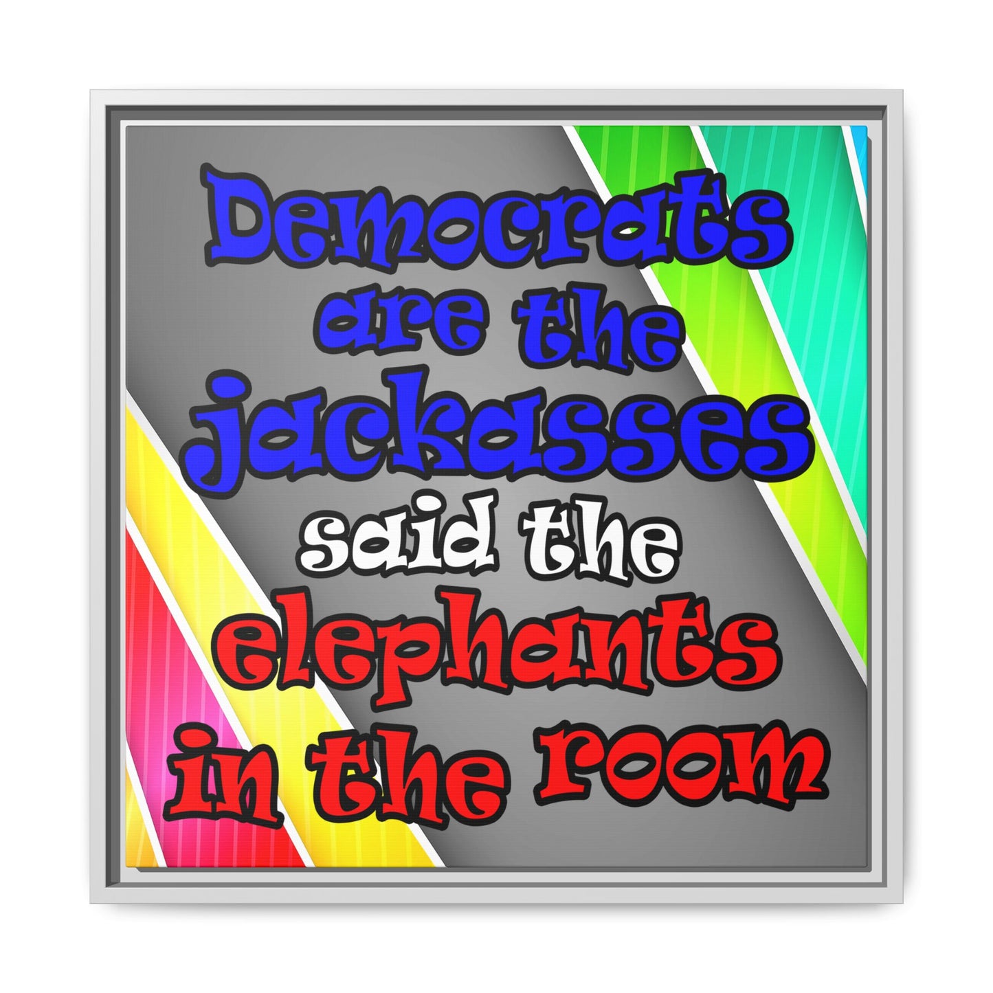 donkeys and elephants - framed canvas art (rainbow split)