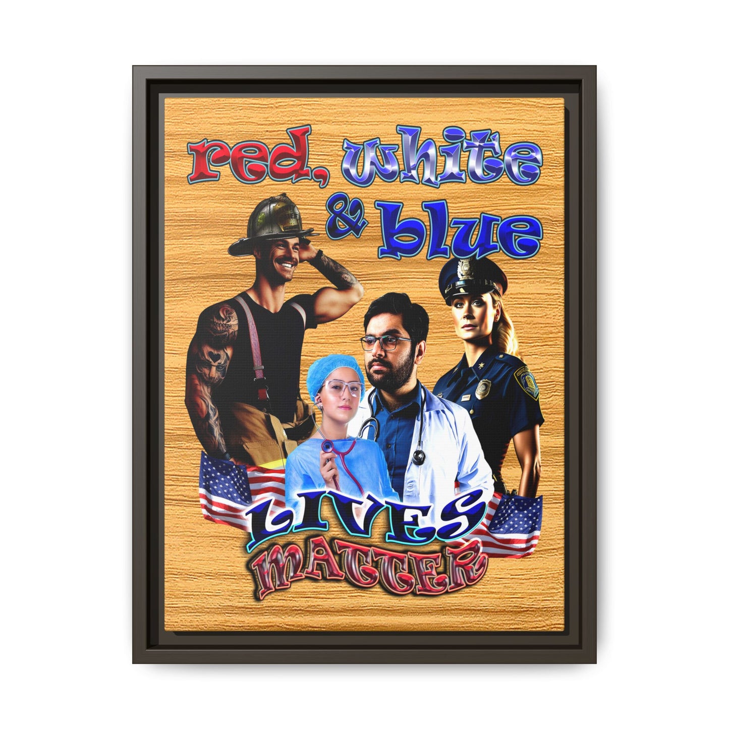 rw&b lives matter - framed canvas art (butterscotch wood finish)
