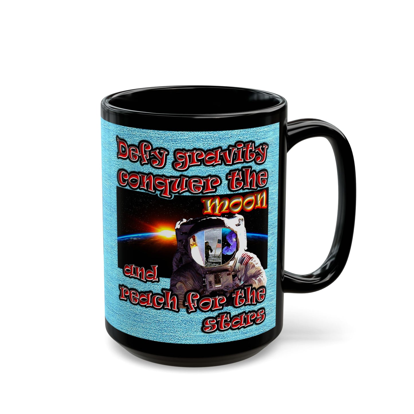 defy conquer reach - Black Mug (faded blue)