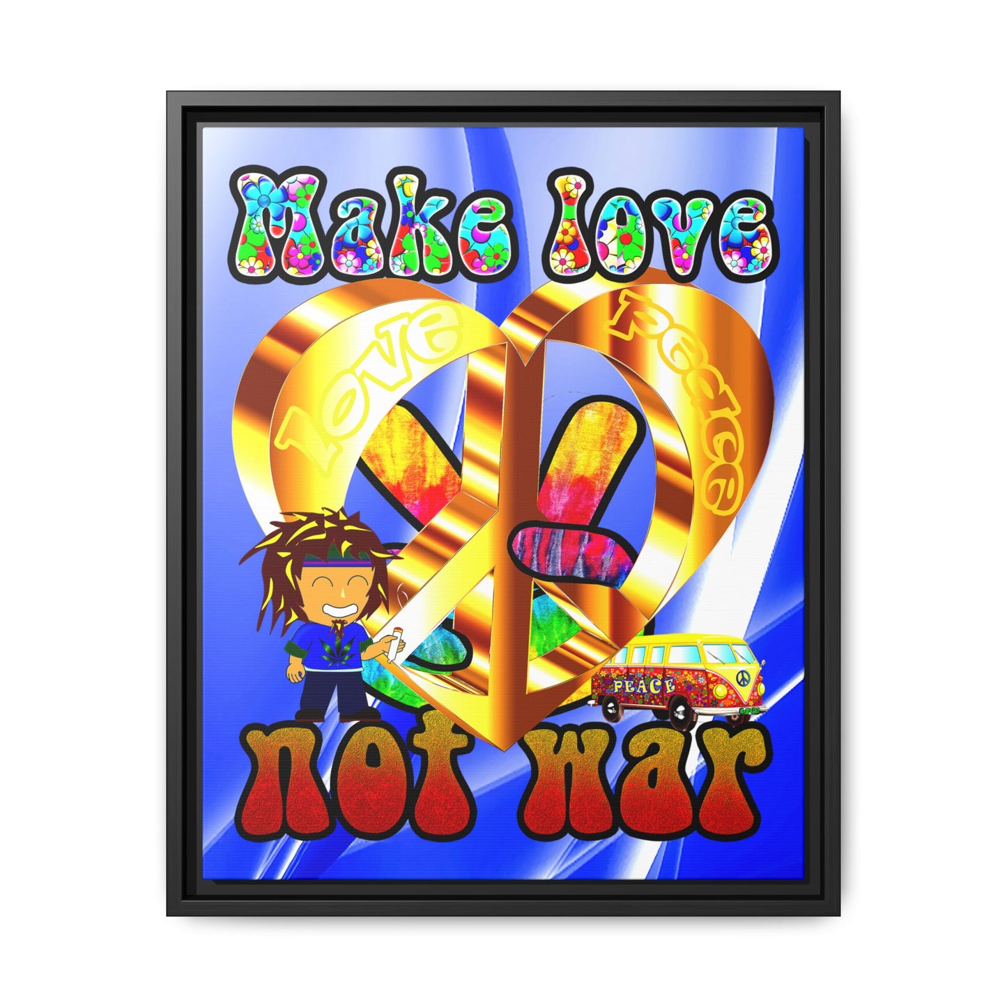love peace - framed canvas art (blue-white wave)