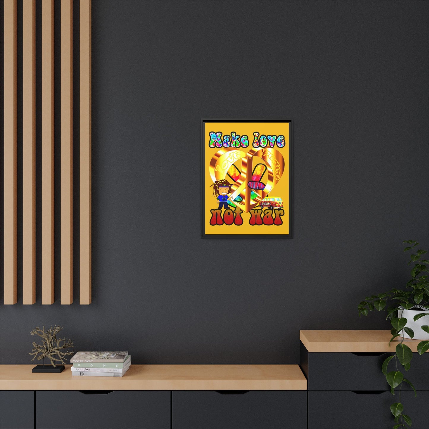 love peace - framed canvas art (yellow)