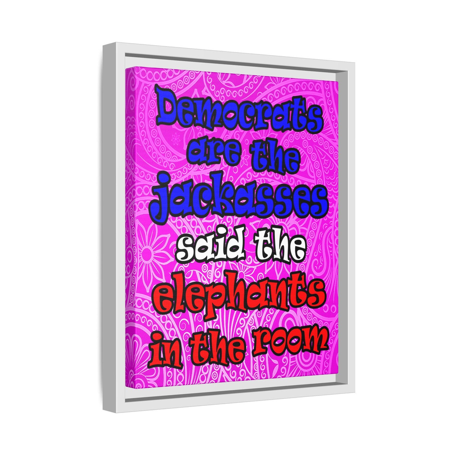 donkeys and elephants - framed canvas art (pink swirl)