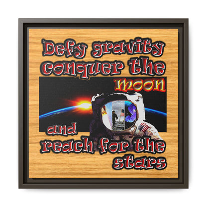 defy conquer reach - framed canvas art (butterscotch wood finish)
