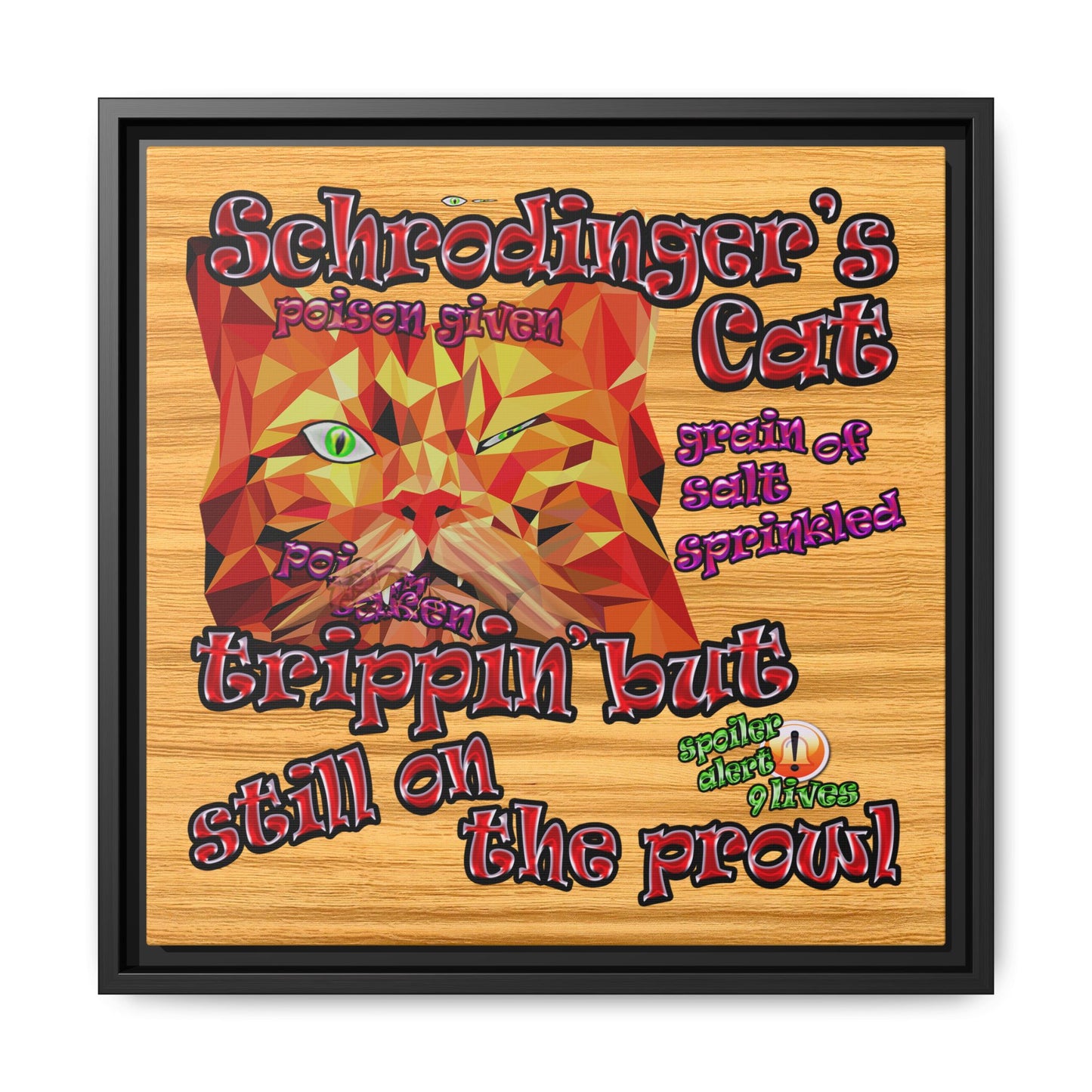 schrodinger's cat - framed canvas art (butterscotch wood finish)