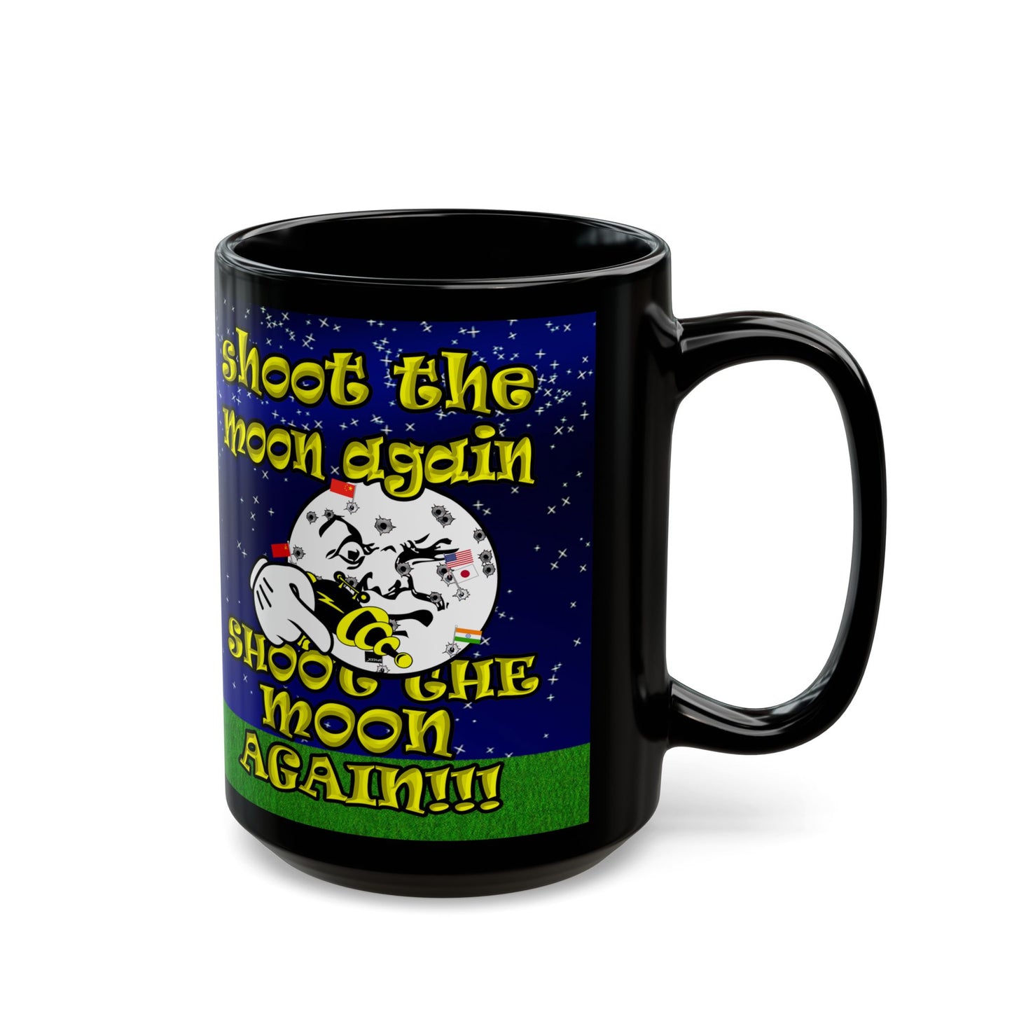 shoot the moon again - Black Mug ('snoops' background)