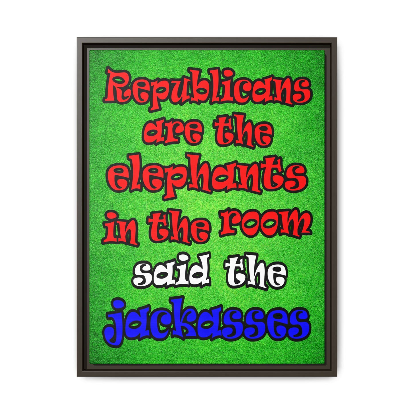 donkeys and elephants - framed canvas art (green turf)