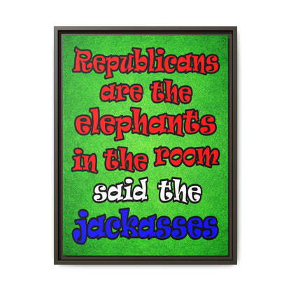 donkeys and elephants - framed canvas art (green turf)