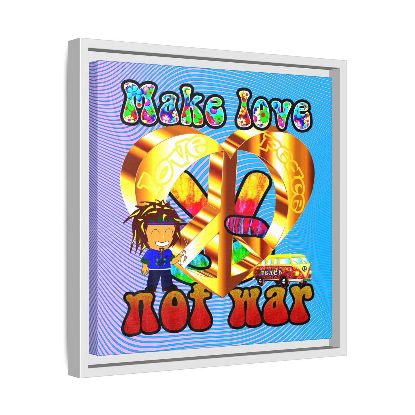love peace - framed canvas art (light blue-purple wave)