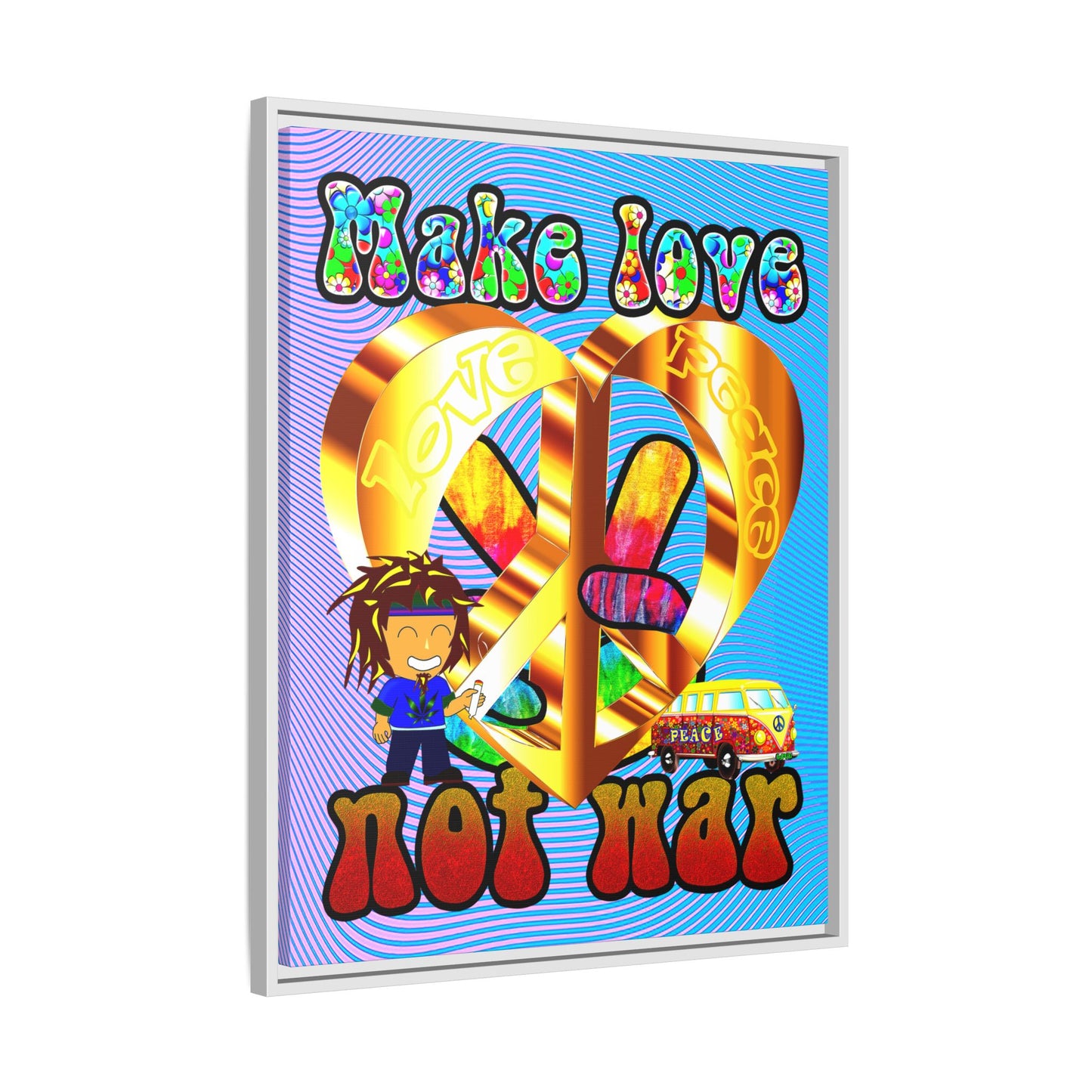 love peace - framed canvas art (light blue-purple wave)
