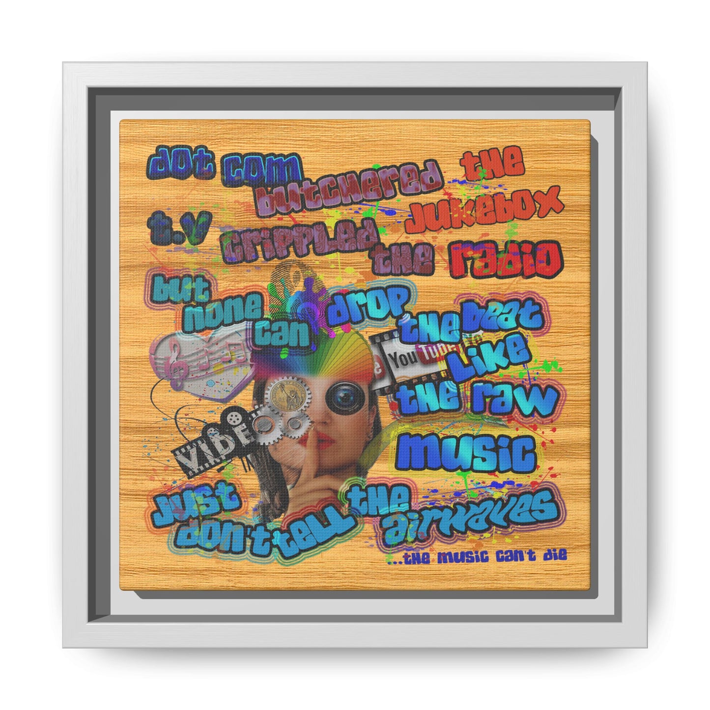 drop the beat - framed canvas art (butterscotch wood finish)