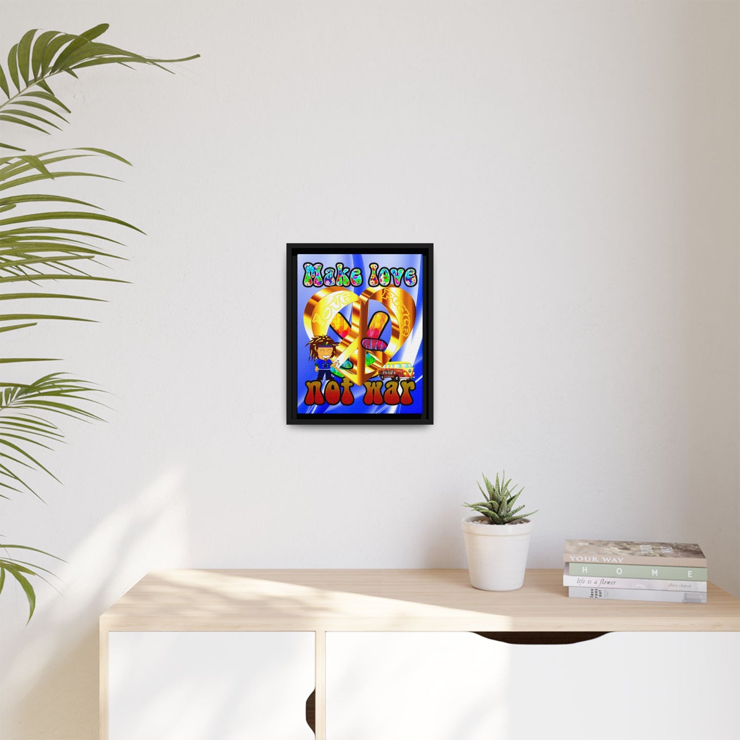 love peace - framed canvas art (blue-white wave)