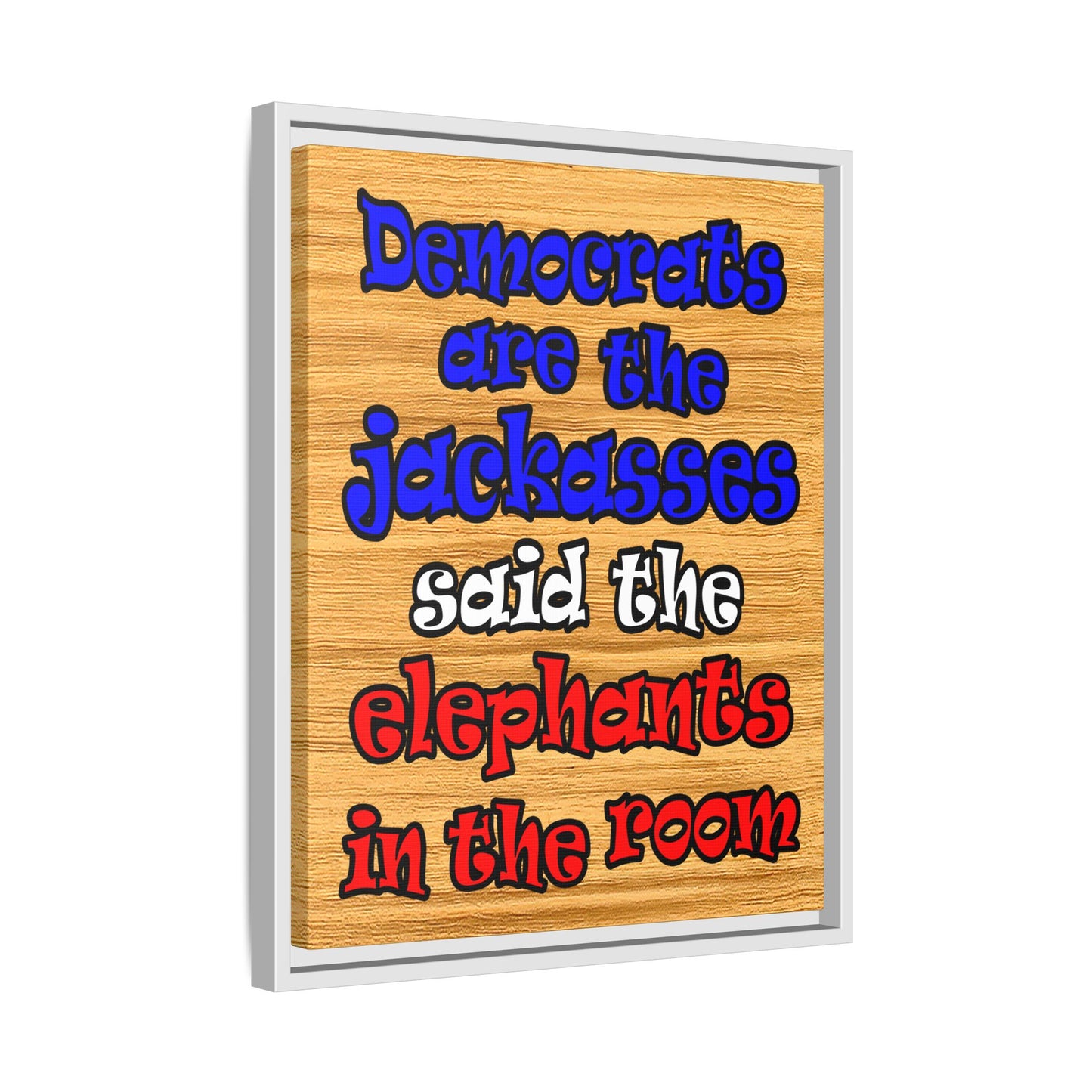 donkeys and elephants - framed canvas art (butterscotch wood finish)