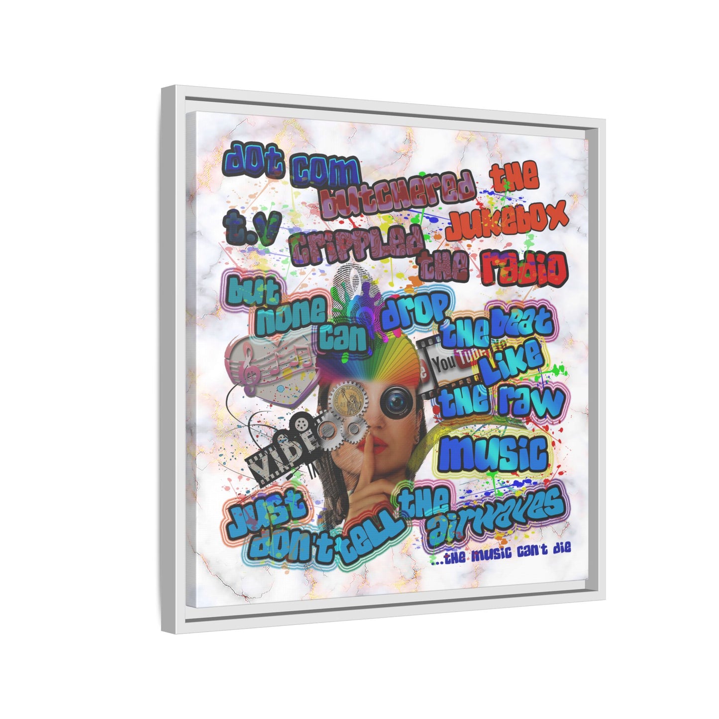 drop the beat - framed canvas art (white marble)