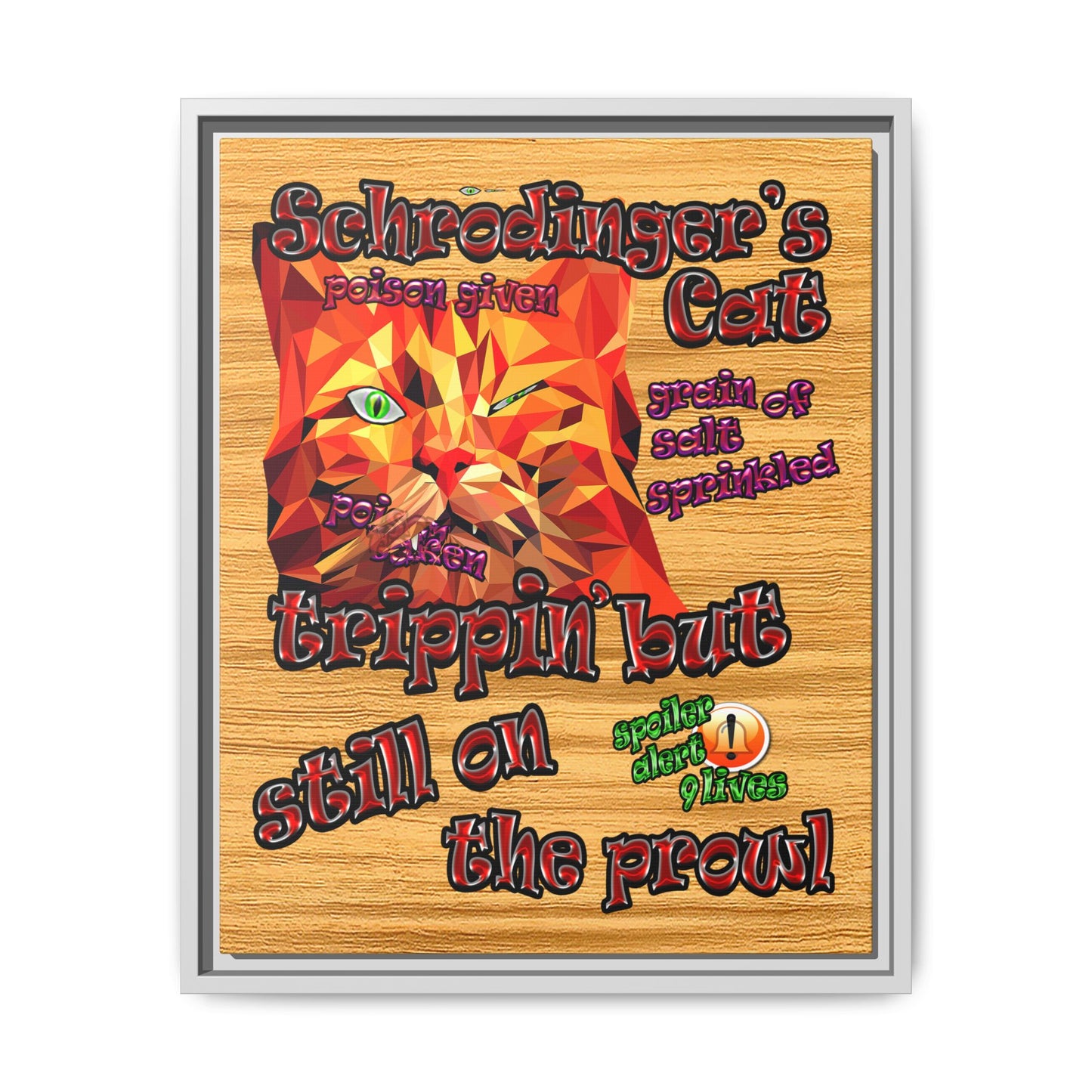 schrodinger's cat - framed canvas art (butterscotch wood finish)