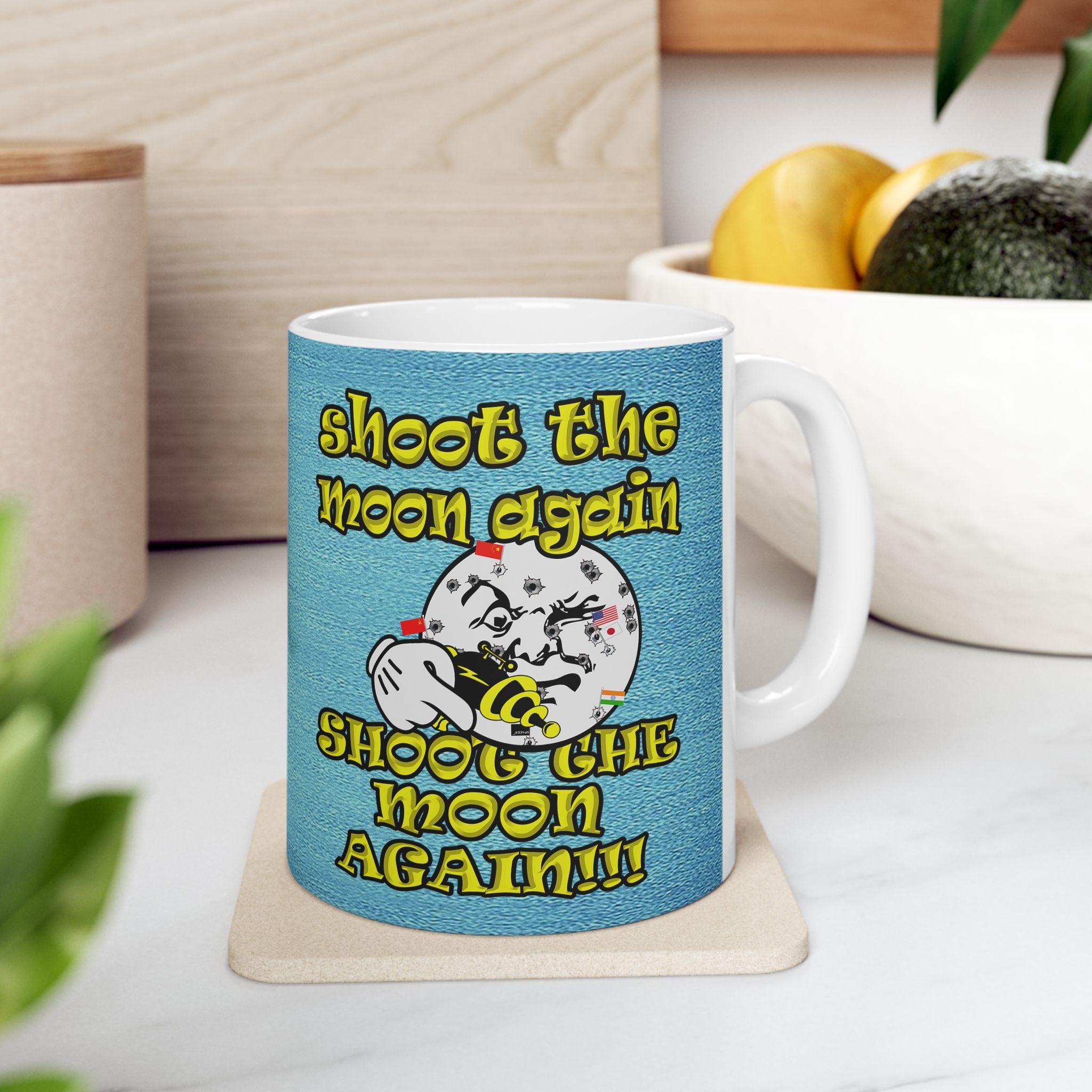 shoot the moon again - White Mug (faded blue)