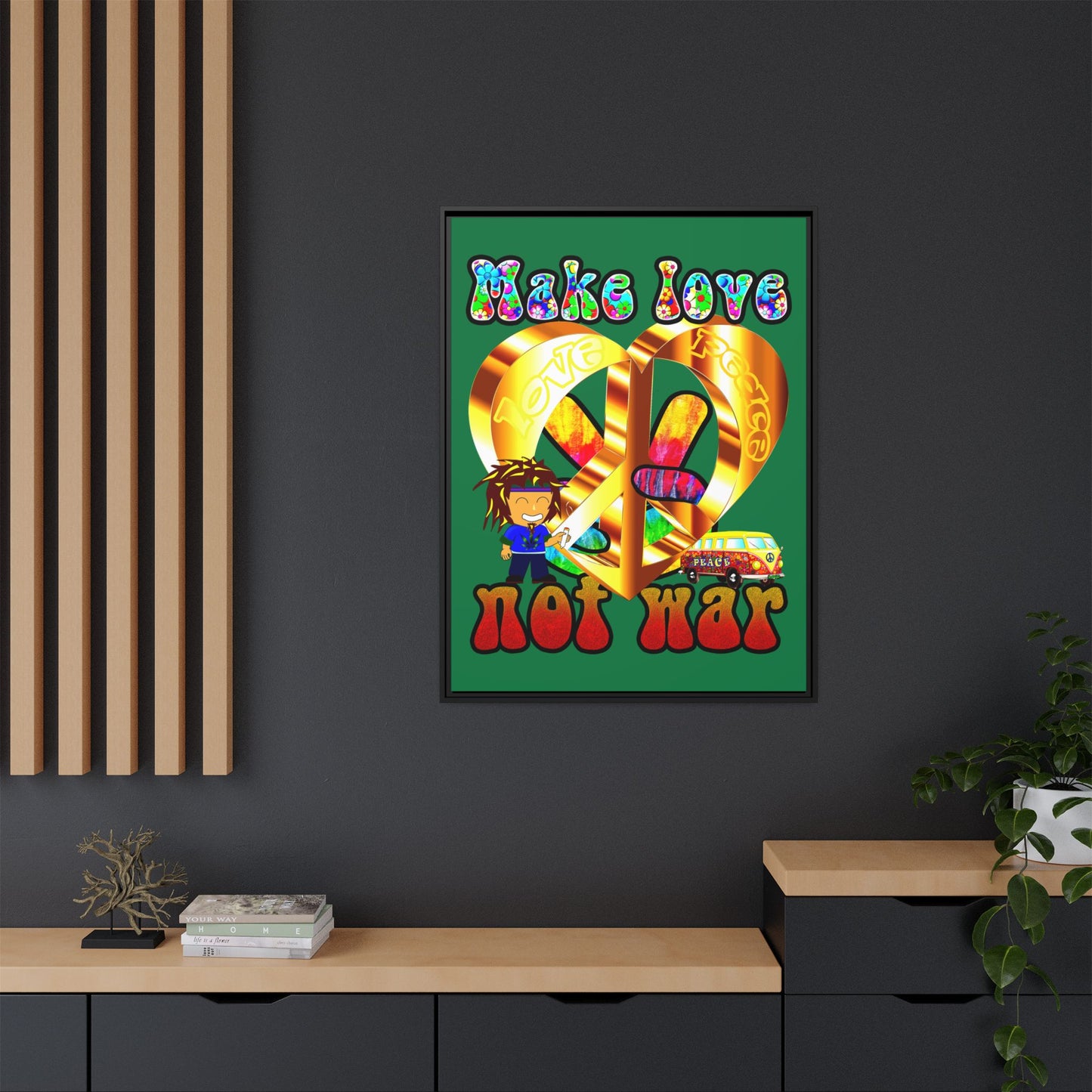 love peace - framed canvas art (dark green)