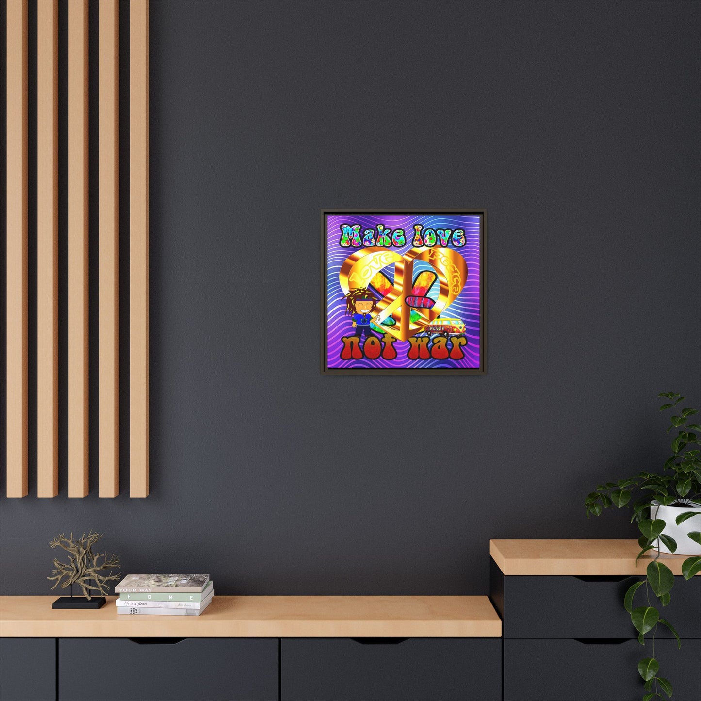 love peace - framed canvas art (purple wave)