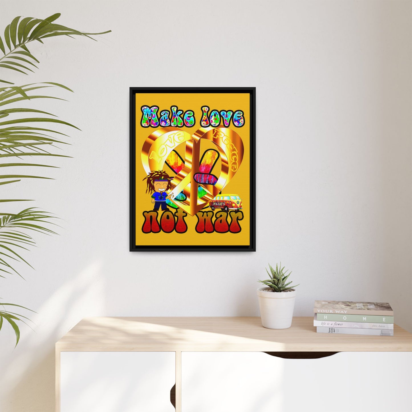 love peace - framed canvas art (yellow)