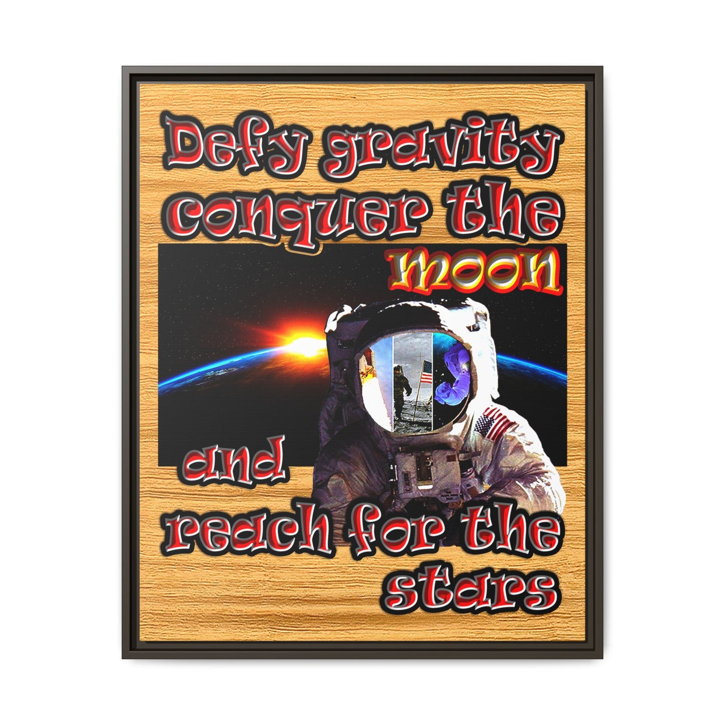defy conquer reach - framed canvas art (butterscotch wood finish)