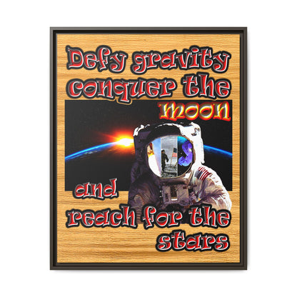 defy conquer reach - framed canvas art (butterscotch wood finish)